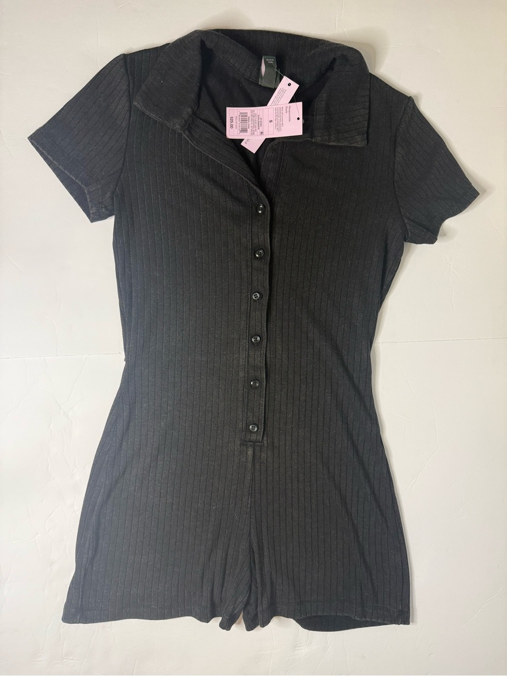 wild fable Black Ribbed Button-Front Short Sleeve Bodysuit Romper